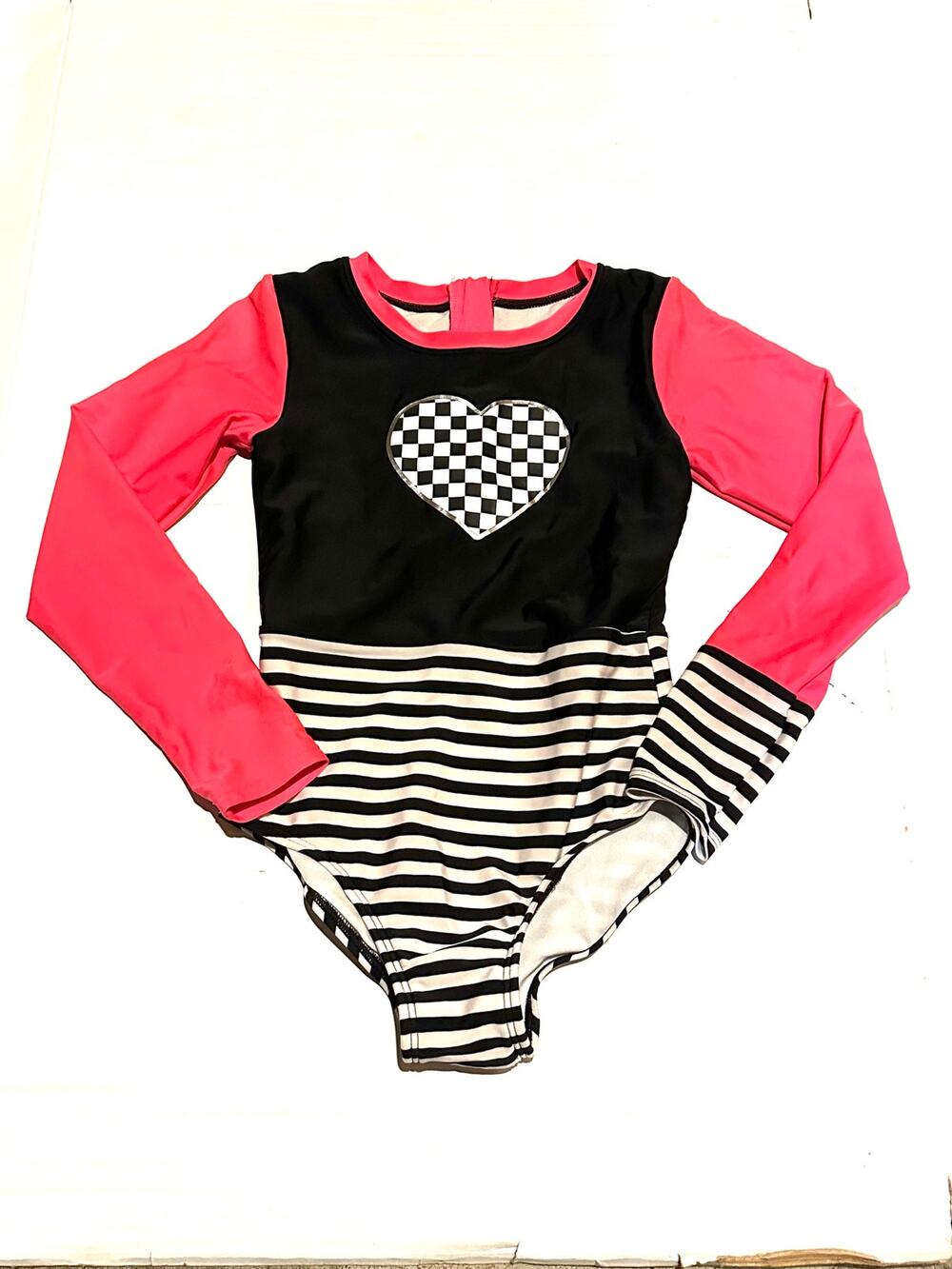 Art Class Girls Size M 7/8 Black Striped Pink Long Sleeve Heart Swimsuit